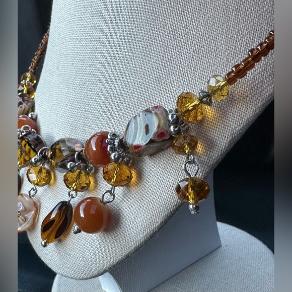 Artisan glass bead necklace with amber color seed beads adjustable silver chain - Picture 8 of 8